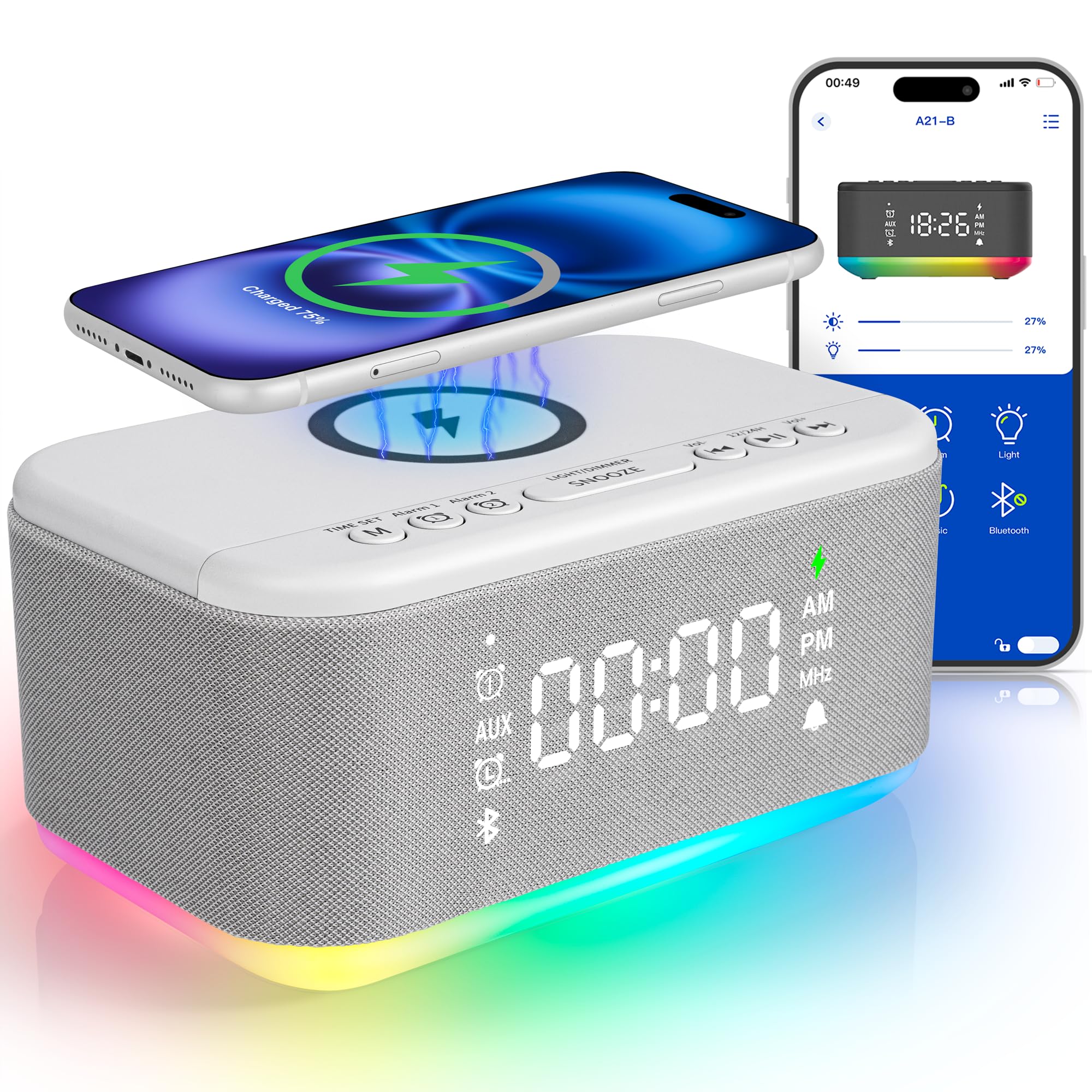 Photo 1 of Fansbe Smart Bluetooth Alarm Clock Radio Bedroom, Digital Dual Alarm Clock Bedroom, Up to 10 Alarms Clock Night Light Speaker App/Button Control FM Charge Snooze Adjustable Volume Dim 12/24H, Grey