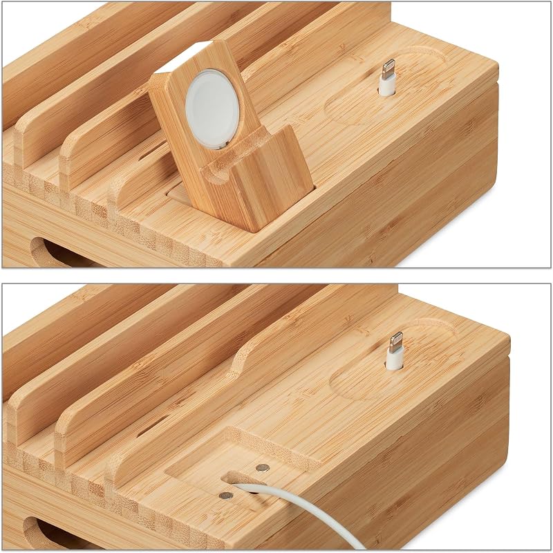 Stazione di Ricarica Multipla, Docking Station bambù, Apple Watch, Smartphone, AirPods, 11x17x13 cm, Naturale