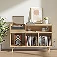 Record Player Stand with Charging Station & USB Ports, Mid-Century Turntable Stand Table Holds Up to 300 Albums, Vinyl Record Storage Cabinet with Wood Legs for Living Room Office (Wood)