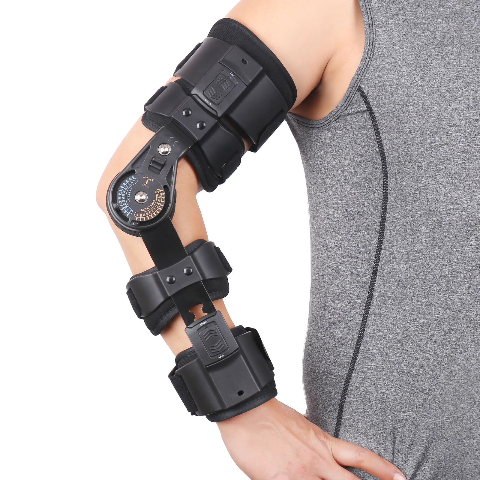 Photo 1 of Shuyan Jiao Hinged ROM Elbow Brace Adjustable Post OP Elbow Support - Arm Stabilizer Splint for Surgery, Dislocation, Ligament & Tendon Repair Recovery w/Sling Fits Men & Women (Left)