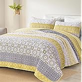 WONGS BEDDING Boho Quilt Set King, Yellow Bohemian Striped Patchwork Bedspread Coverlet Set with 2 Pillowcases,Lightweight Microfiber Floral Bedding Set 104"×90"