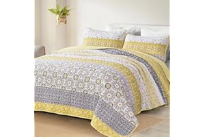 WONGS BEDDING Boho Quilt Set King, Yellow Bohemian Striped Patchwork Bedspread Coverlet Set with 2 Pillowcases,Lightweight Microfiber Floral Bedding Set 104"×90"