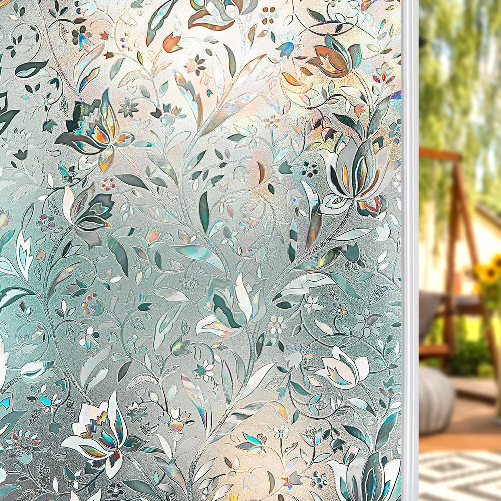 Privacy Window Film 90 x 200cm, Shackcom 3D Stained Glass Tulip Decoration Pattern with Rainbow Effect Opaque Glass Film Static Cling No-Glue Self Adhesive Vinyl Film for Home Door