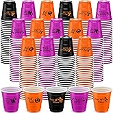 Lounsweer 100 Pcs Halloween Plastic Cups 2 oz Disposable Cups Mini 2 oz Party Glasses for Bachelorette Birthday Tasting Serving Samples Cups for Drinking Party, Black, Orange, Purple (Ghost Style)