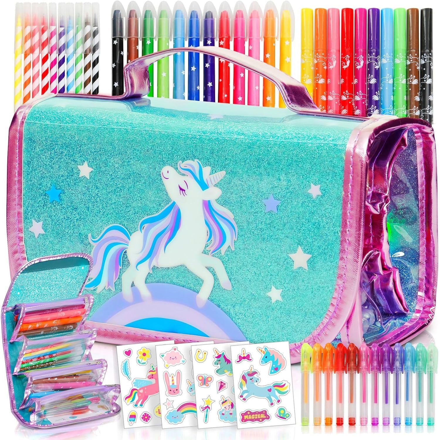 Amitié Lane Unicorn Toys for Girls Markers Set - Pencil Case - Unicorn Gifts for Girls 6-8, for Art and Craft Colouring - Incl Augmented Reality App