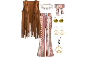 CICOCI 60s 70s Outfit For Women Hippie Costume 8pcs Fringe Vest Flared Pants Costume Peace Sign Necklace Earrings
