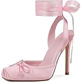 Celbreez Ballet Heels Satin Stiletto Heels for Women Close Square Toe Slingback Bow Lace Up High Nude Heel Women's Pumps Strappy Mary Jane Ballerina Heel Party Wedding Cute Shoes