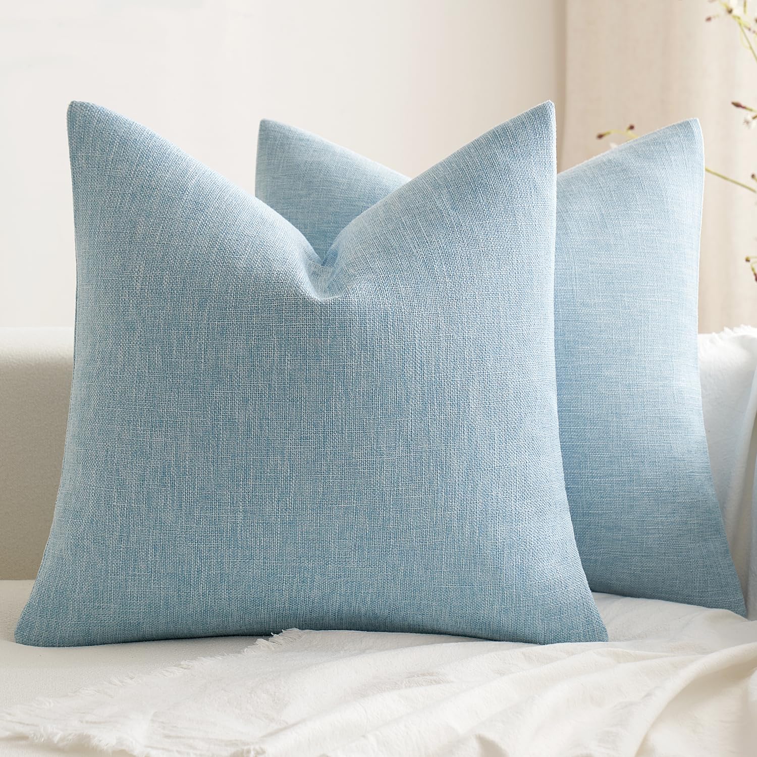 Photo 1 of MIULEE Pack of 2 Decorative Farmhouse Linen Pillow Covers Rustic Boho Accent Outdoor Couch Throw Pillow Covers for Cushion Bed Sofa Living Room Home Decor 20x20 Inch Light Blue