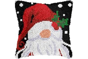 QIONG MENG Latch Hook Kits for Adults, DIY Christmas Gnome Pattern Pillow Cover Kit Needlework Cushion Cover Hand Craft Crochet for Home Sofa Decorations 17 x 17 Inch