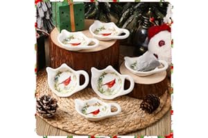 Acellegic Set of 6 Christmas Winter Birds Tea Bag Holders Porcelain Ceramic Teapot Shaped Coasters Tea Bag Plate Spoon Rests Pad Saucer Seasoning Dish Set for Party Decoration Gifts, 3.7x2.75''