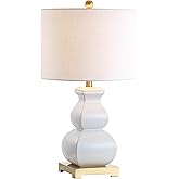 JONATHAN Y 25.5" White/Gold Ceramic Table Lamp for Living Room Bedroom, White Linen Shade, Modern Footed Vase Bedside Lamp, L