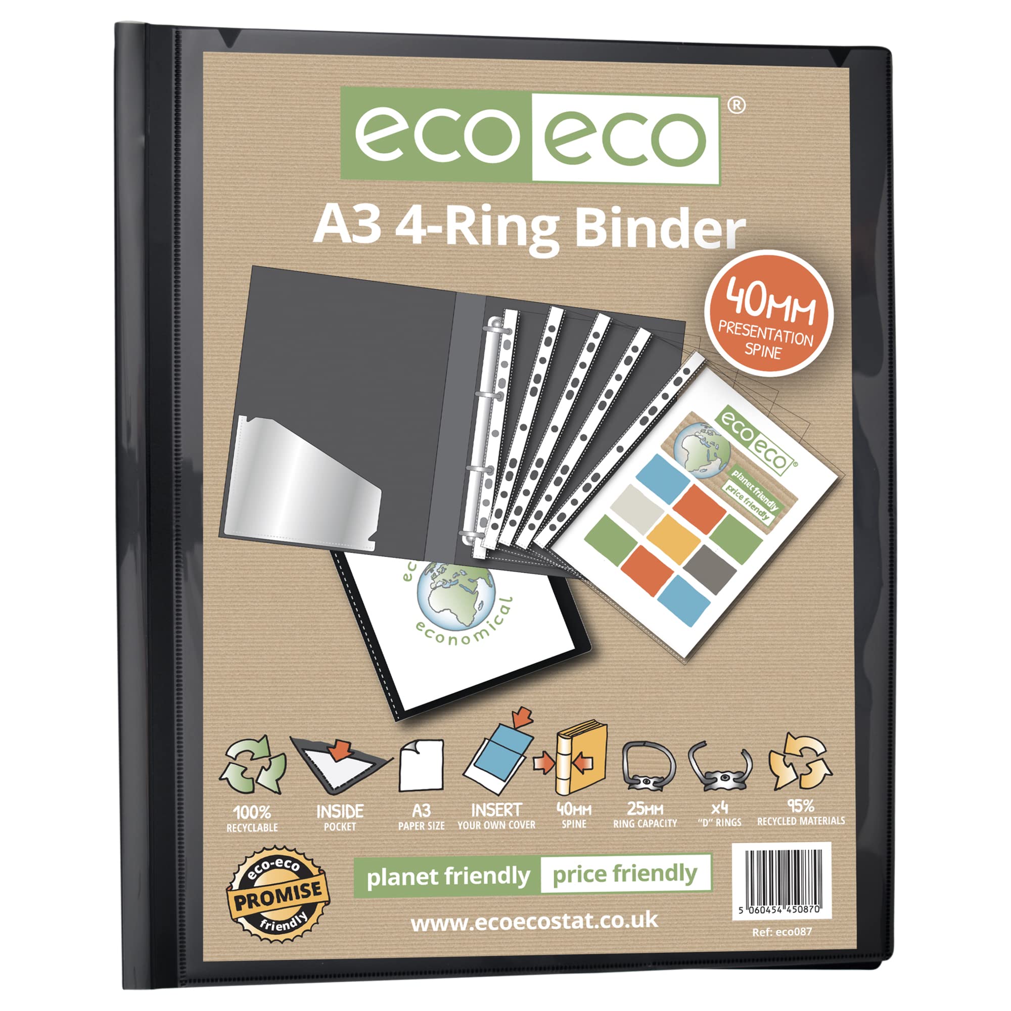 eco-eco A3 95% Recycled 4-D Portrait Ring Binder File Folder, Artwork Portfolio, eco087