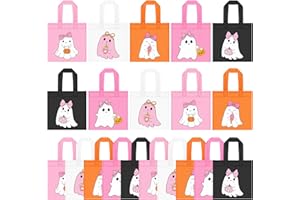 FHZYTG 20Pcs Pink Halloween Ghost Party Favor Bags, Non Woven Halloween Trick or Treat Bags Gift Bag, Cute Bows Ghost Pumpkin Candy Goodie Tote Bag for Kids Spooky Birthday Happy Boo Day Party Favors