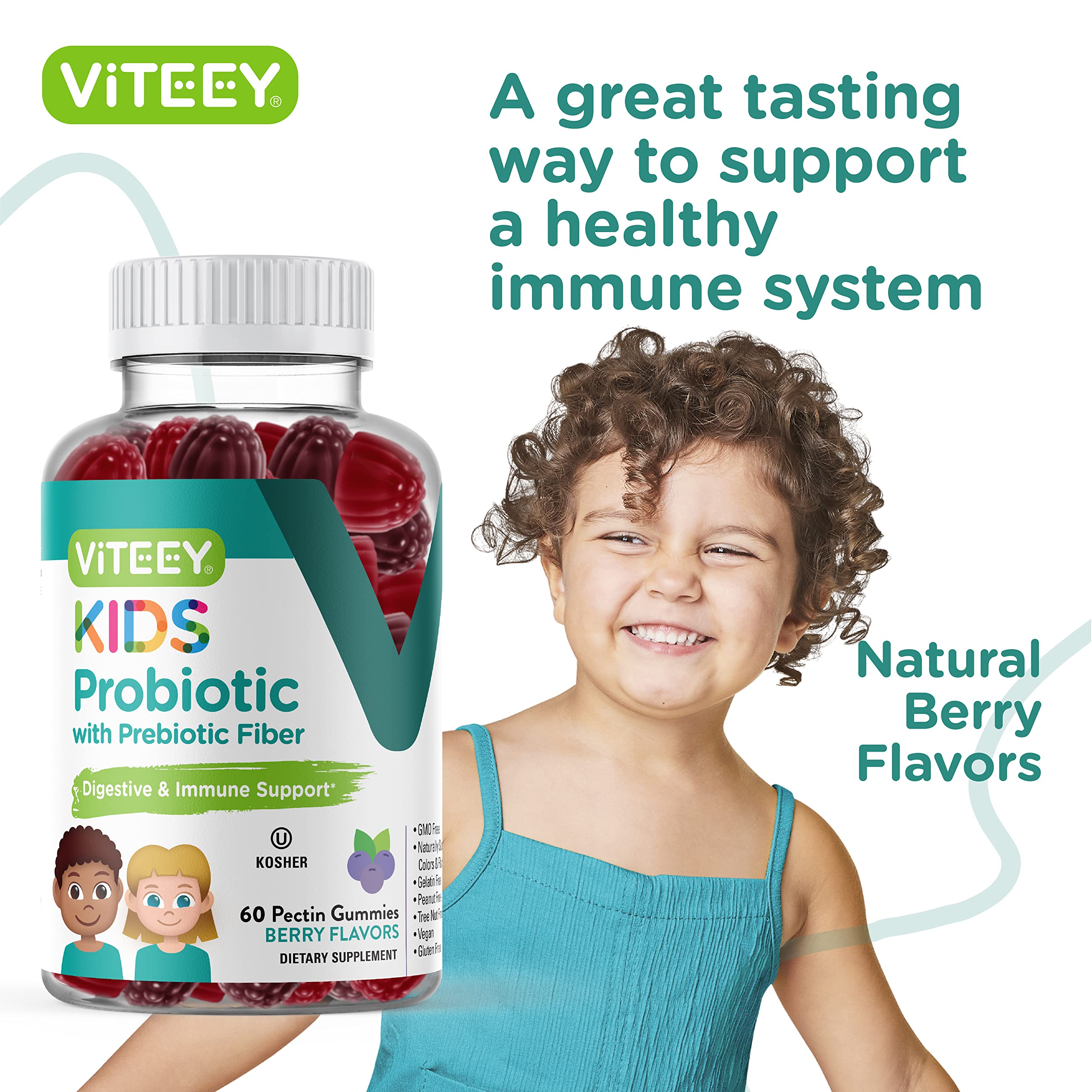 Viteey Probiotic Gummies for Kids Plus Prebiotics Fiber - 2 Billion CFUs - Digestive Health,Gut Health, Constipation Relief for Kids Support - Vegan, Gelatin Free - Chewable Probiotic Berry Flavored