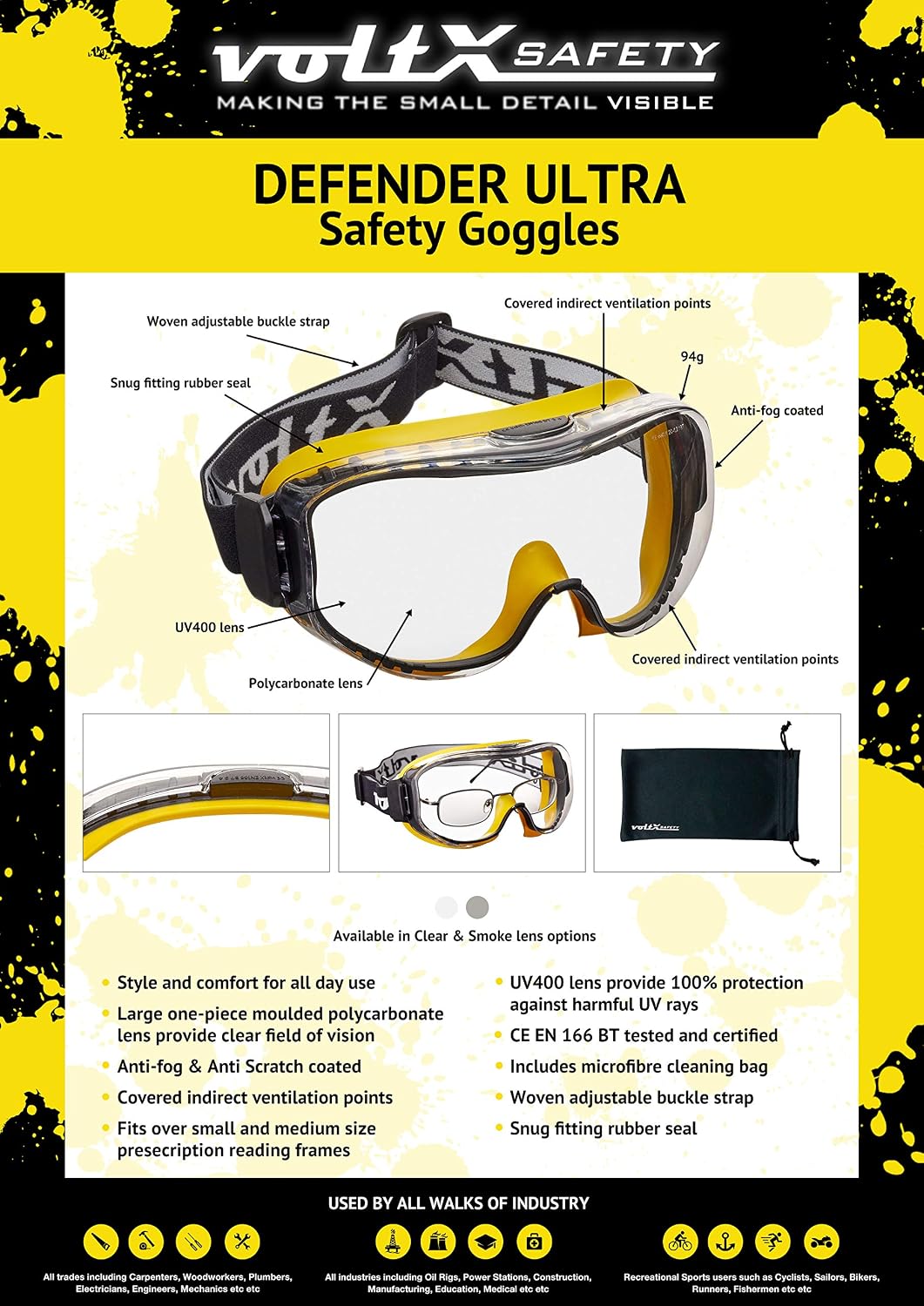 voltX DEFENDER ULTRA indirect ventilated Safety Goggles, CLEAR lens with snug fitting seal and buckle adjustable headband - Image 4