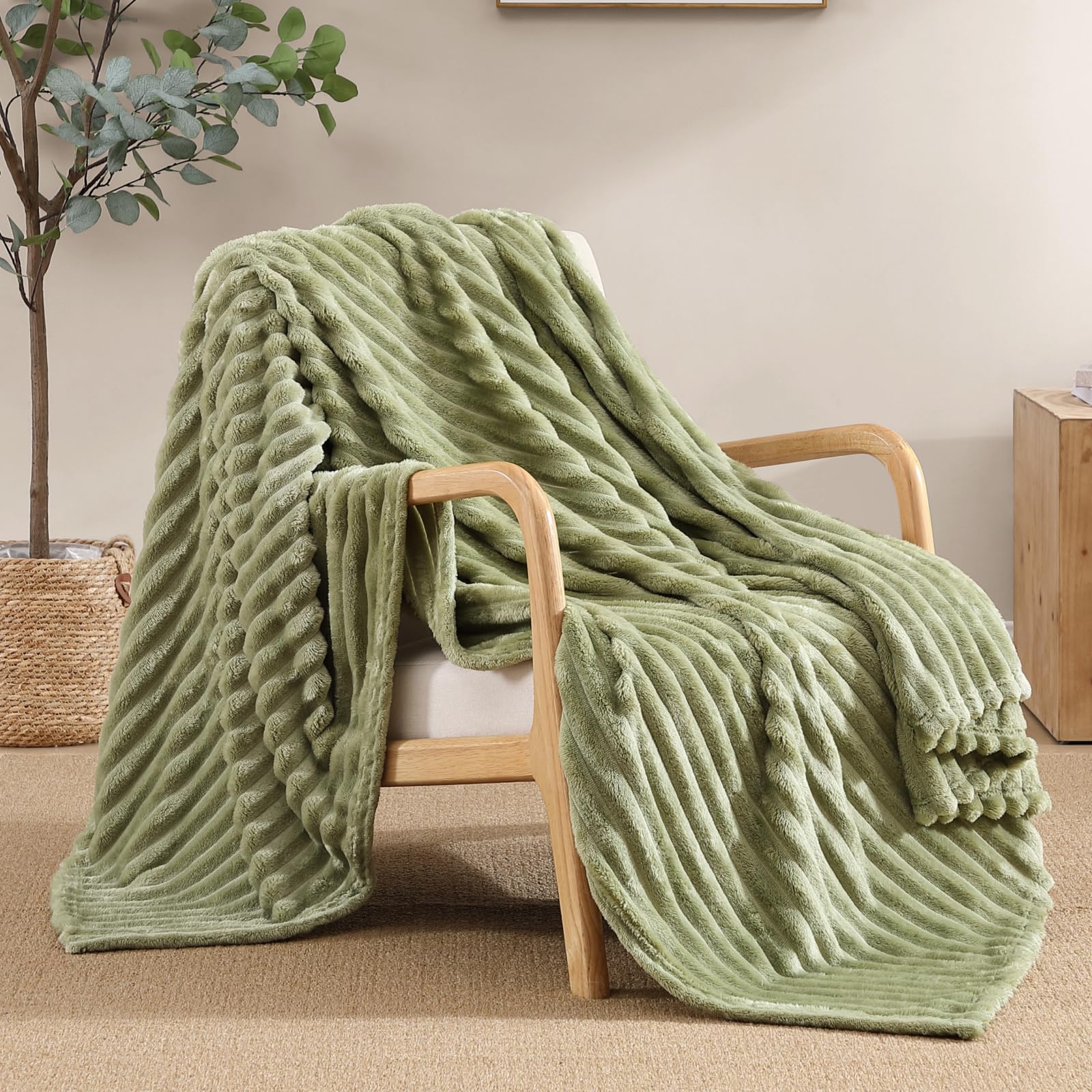 Geniospin Throw Blanket for Couch, Bed, Sofa. Super Soft Lightweight Blanket with Strip 50 X 60 Inches, Sage Green Throw Blanket Cozy, Warm and Breathable