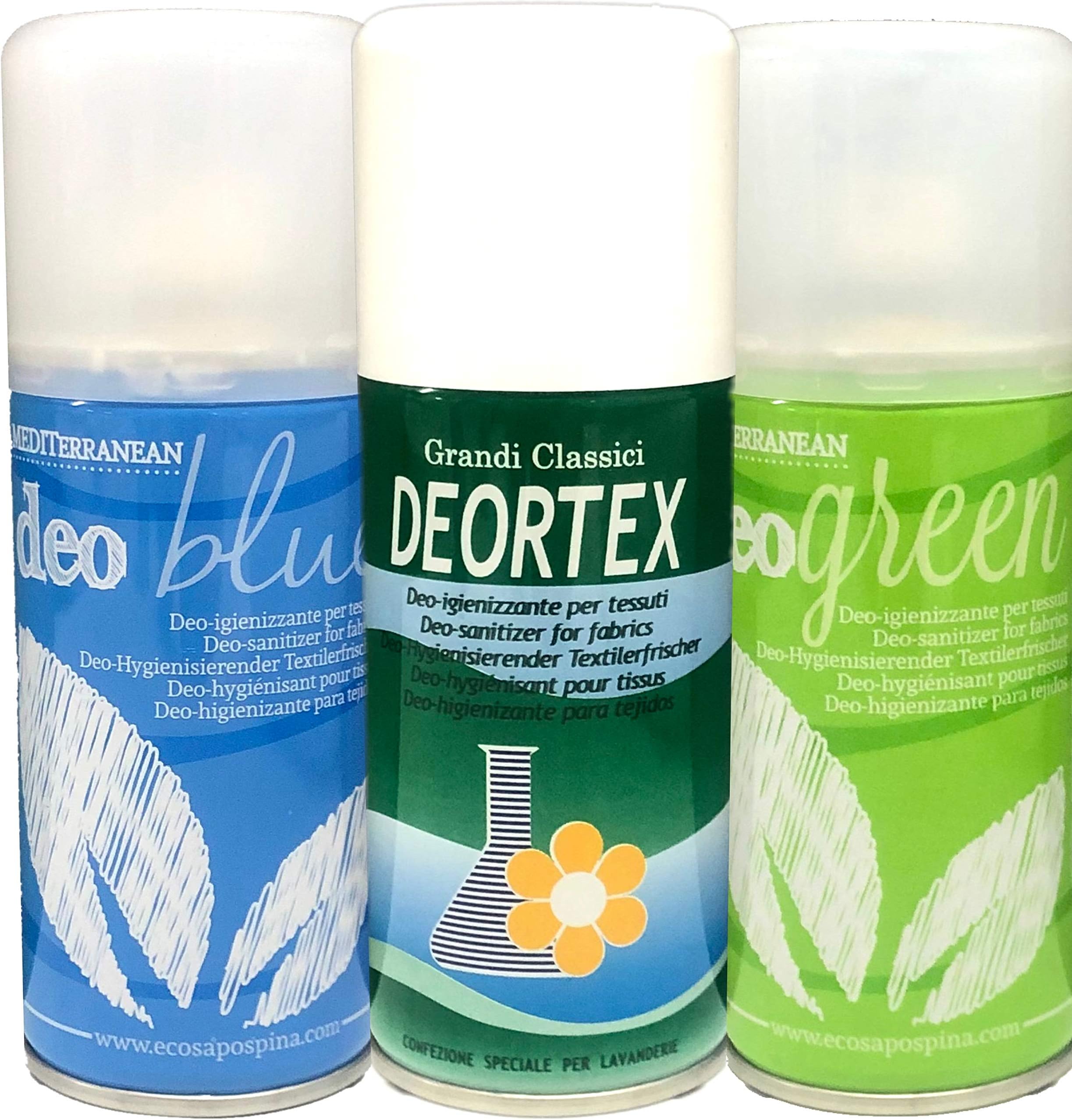 Rampi Deo Igien Blue Green Deortex - Professional Hygienic Deodorant Spray Car Interior Fabrics Drawers Shoes Closet Perfume Hotel Gym Laundry Accessories - 3 Pieces 150ml