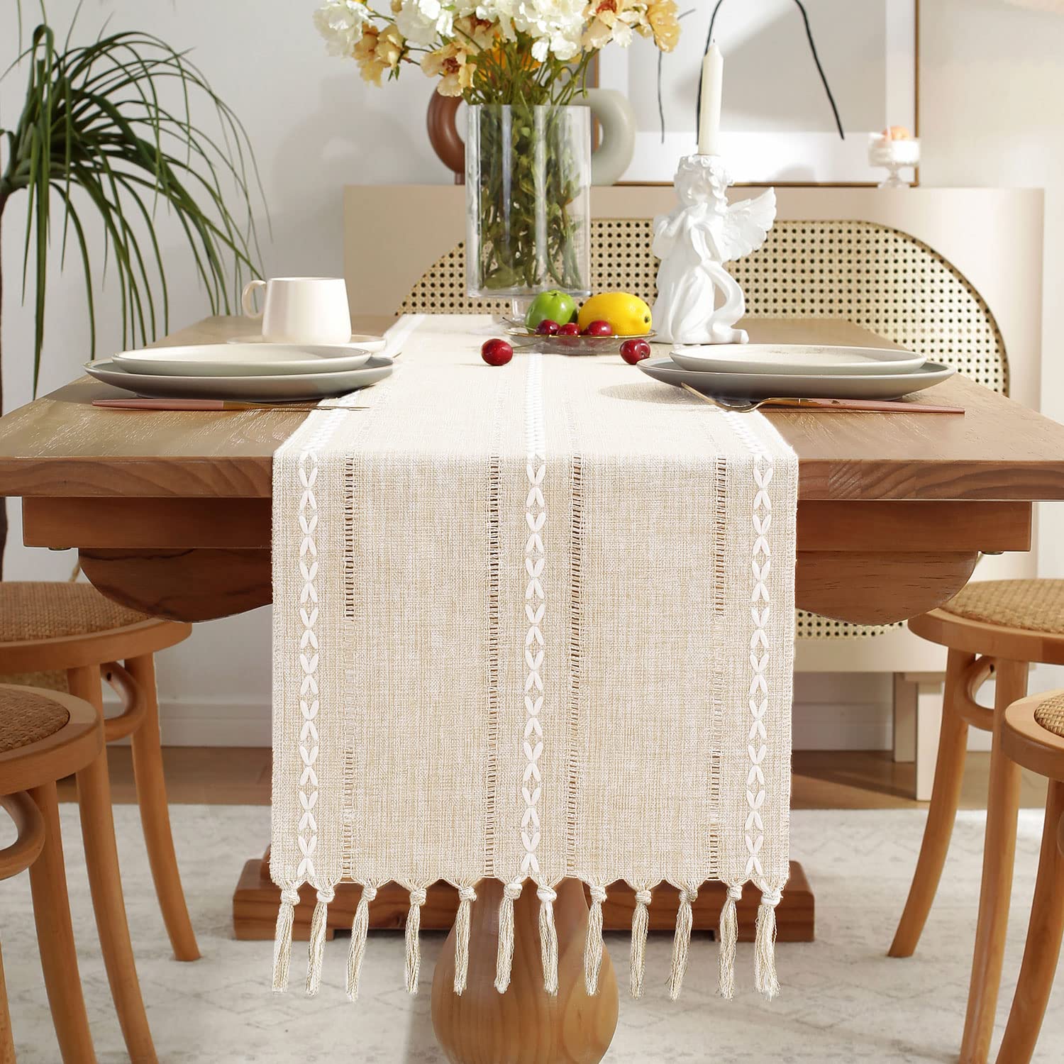 Yicorgard Fall Table Runner Farmhouse Rustic Style 33 x 275 cm, Braided Striped Linen Cream Table Runner 108 Inches Long with Tassels for Dining Room Kitchen Reading Dresser Décor,Ivory White — image 1