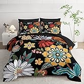 Nttopship 7 Pieces Colorful Floral Comforter Set,Bohemian Botanical Bedding Set Queen Size,Boho Farmhouse Flower Leaves Printed on Black Design,All Season Lightweight Soft Microfiber Bedding Set