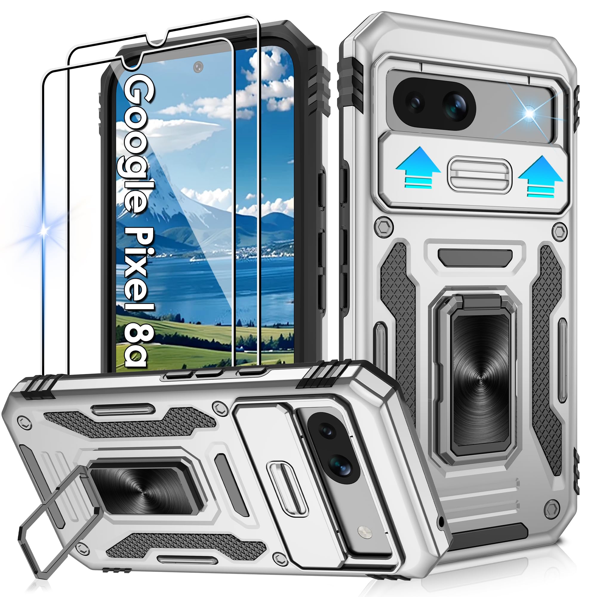 Jshru for Google Pixel 8a Case with 2 Pack Screen Protector,Military Grade Shockproof Pixel 8a Case with Slide Camera Cover,Ring Stand Phone Cover for Google Pixel 8a,Grey — image 1