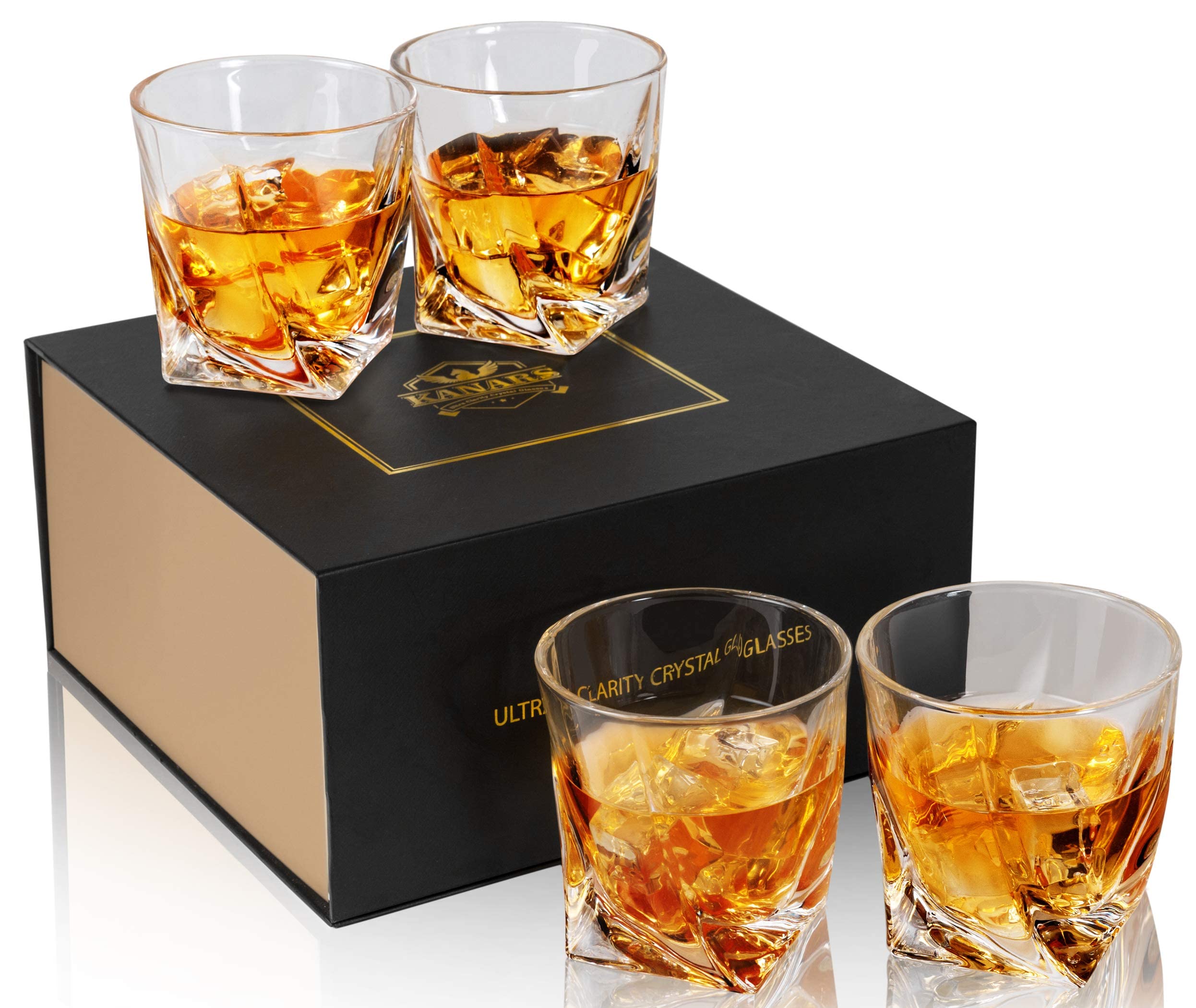 KANARS Whiskey Glass Set, No-Lead Crystal Whisky Glasses 300 ml for Cocktail, Cognac, Bourbon, Tequila, Martini, Unique Stylish Gift Box, 4-Piece