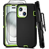 JGS for iPhone 15 Case 6.1", Military Grade 3 in 1 Heavy Duty Shockproof/Drop Proof Case with 2 PCS Tempered Glass Screen Protector, Includes Holster Clip Kickstand (Black Green)