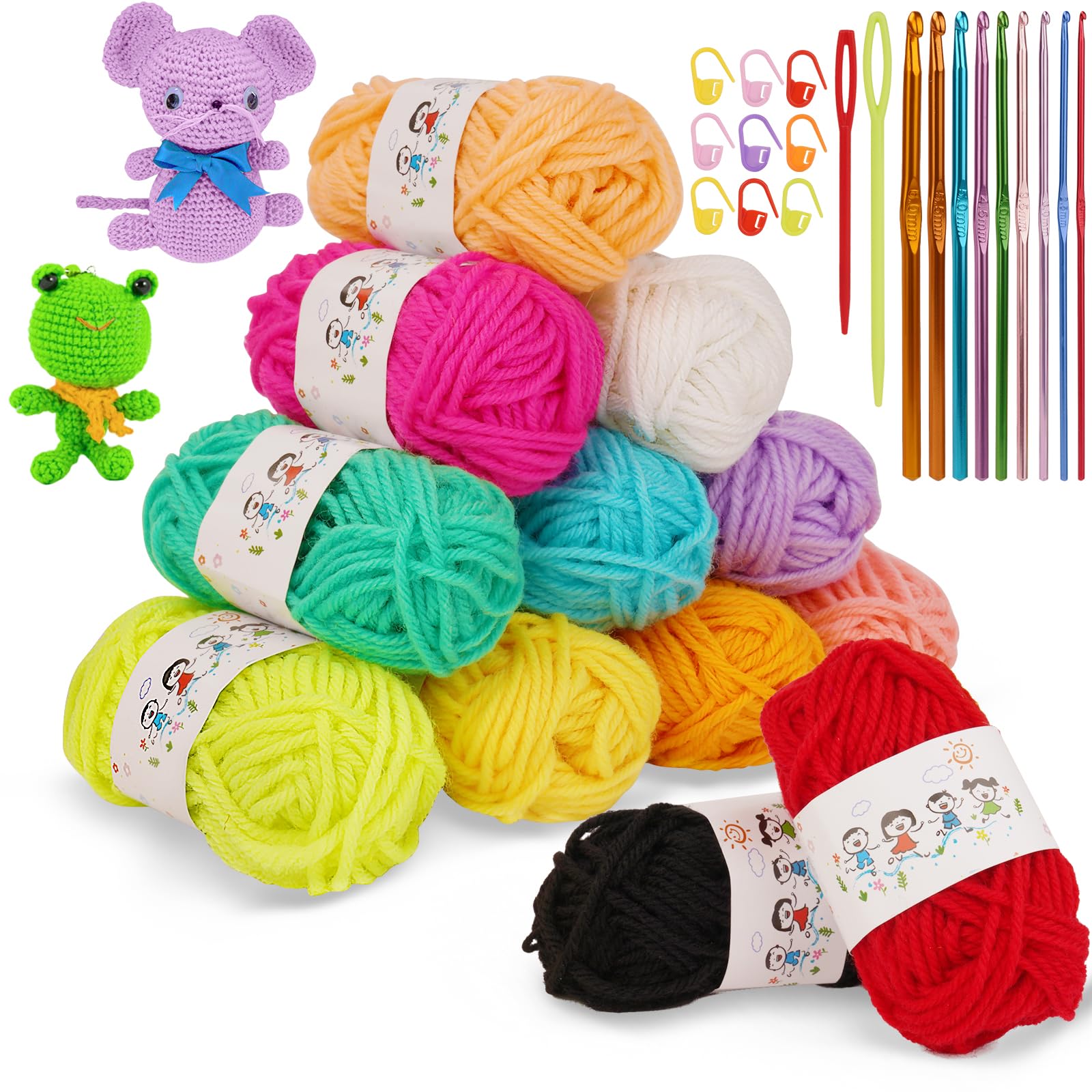 AUAUY Soft Yarn Skeins - 12-Strand (12x10g) With 9 Braided Aluminum Crochet Hooks for Knitting and Crafts - Assorted Starter Kit for Colorful Projects for Adults & Kids