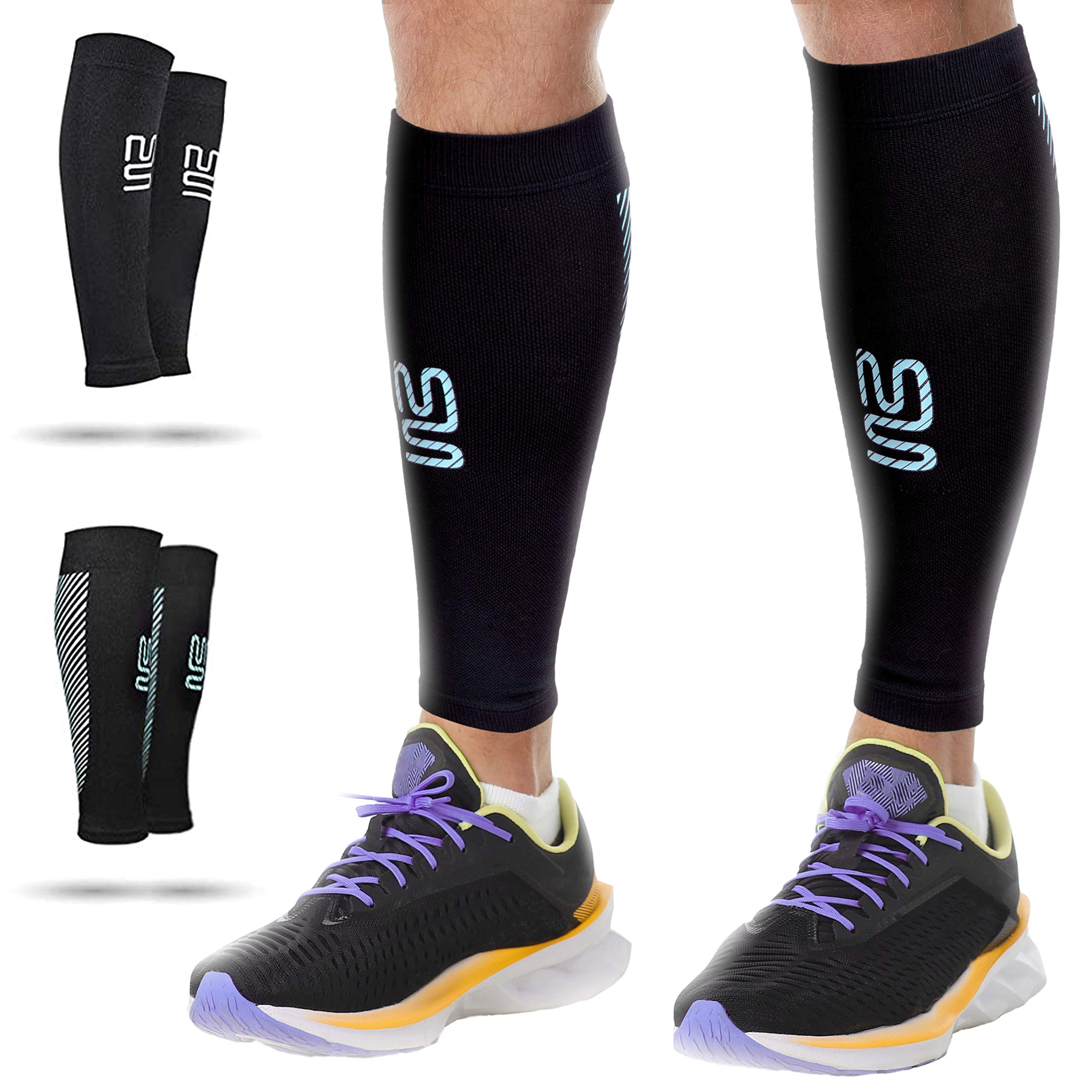 Modetro Sports Calf Compression Sleeves Men Women - 20-30mmhg Shin Splints Support - Calf Support(Stripes-1pair, L)