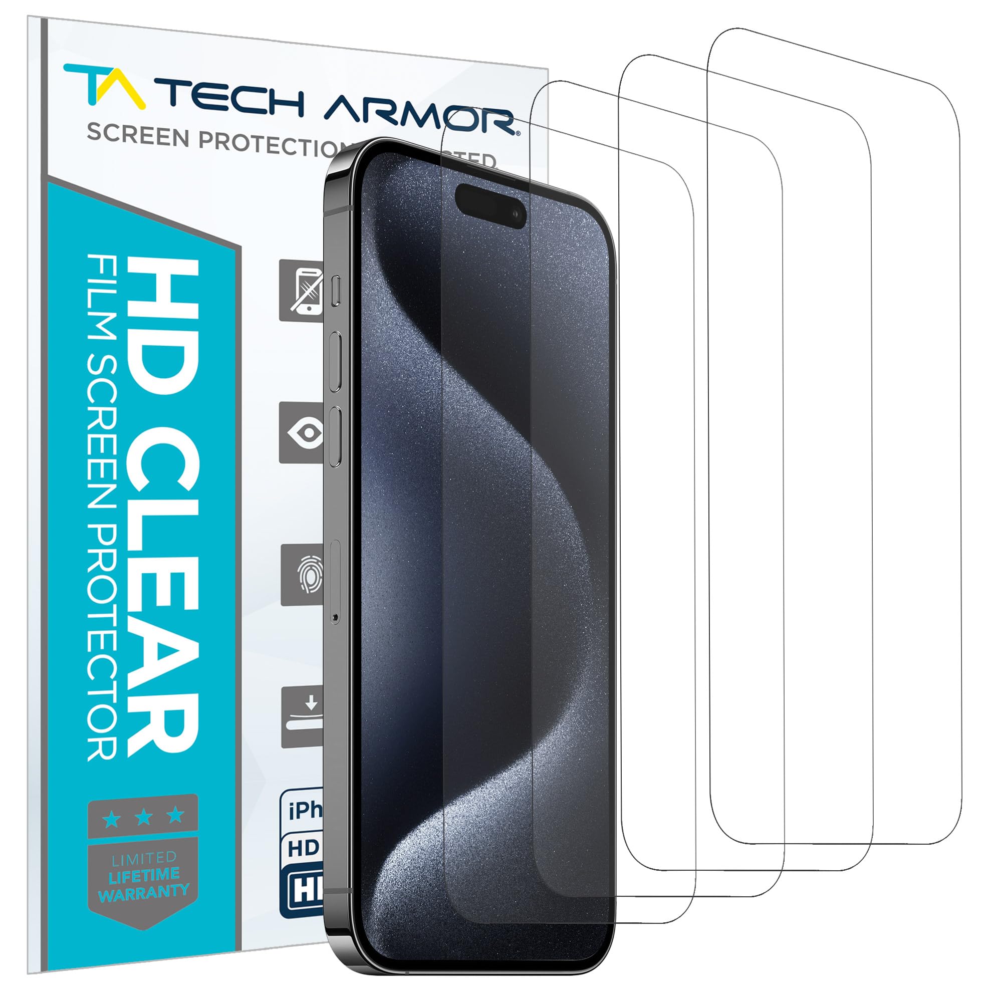 Photo 1 of Tech Armor Screen Protector for iPhone 15 Pro 6.1 inch - HD Clear Film, Ultimate Display Protection, Crystal Clear Clarity, Easy Installation, Premium Quality, 4 Pack