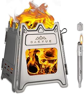 OAKVUE Foldable Camping Stove – Ultralight Backpacking Stove – Stainless Steel Camping Stove – Wood Burner Cooking Stove for Outdoor Activities – Portable Fire Stove – Fire Bellows and Lighter Bonus