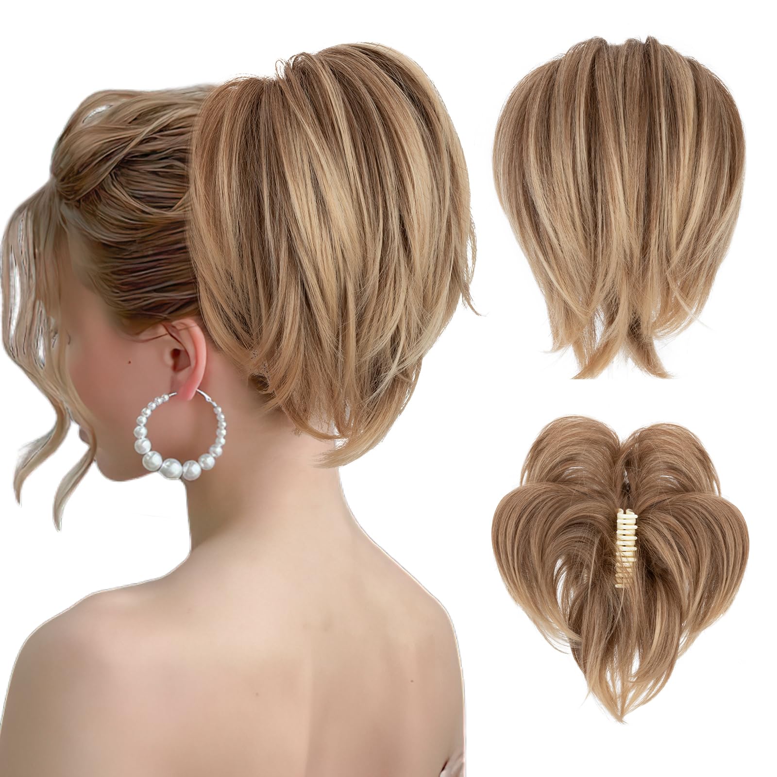 SEGOHAIR Claw Clip Short Ponytail Extension Messy Bun Hair Piece, Bendable Metal Wire Fake Bun Hair Pieces for Women-Fake Ponytail DIY Styles Hair Buns Hair Piece-Caramel Brown to Mousy blonde