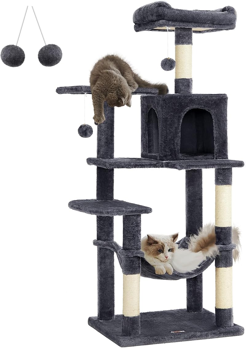 Feandrea Cat Tree Tower 143 cm Multi Level Plush Condo with 4 Scratching Posts