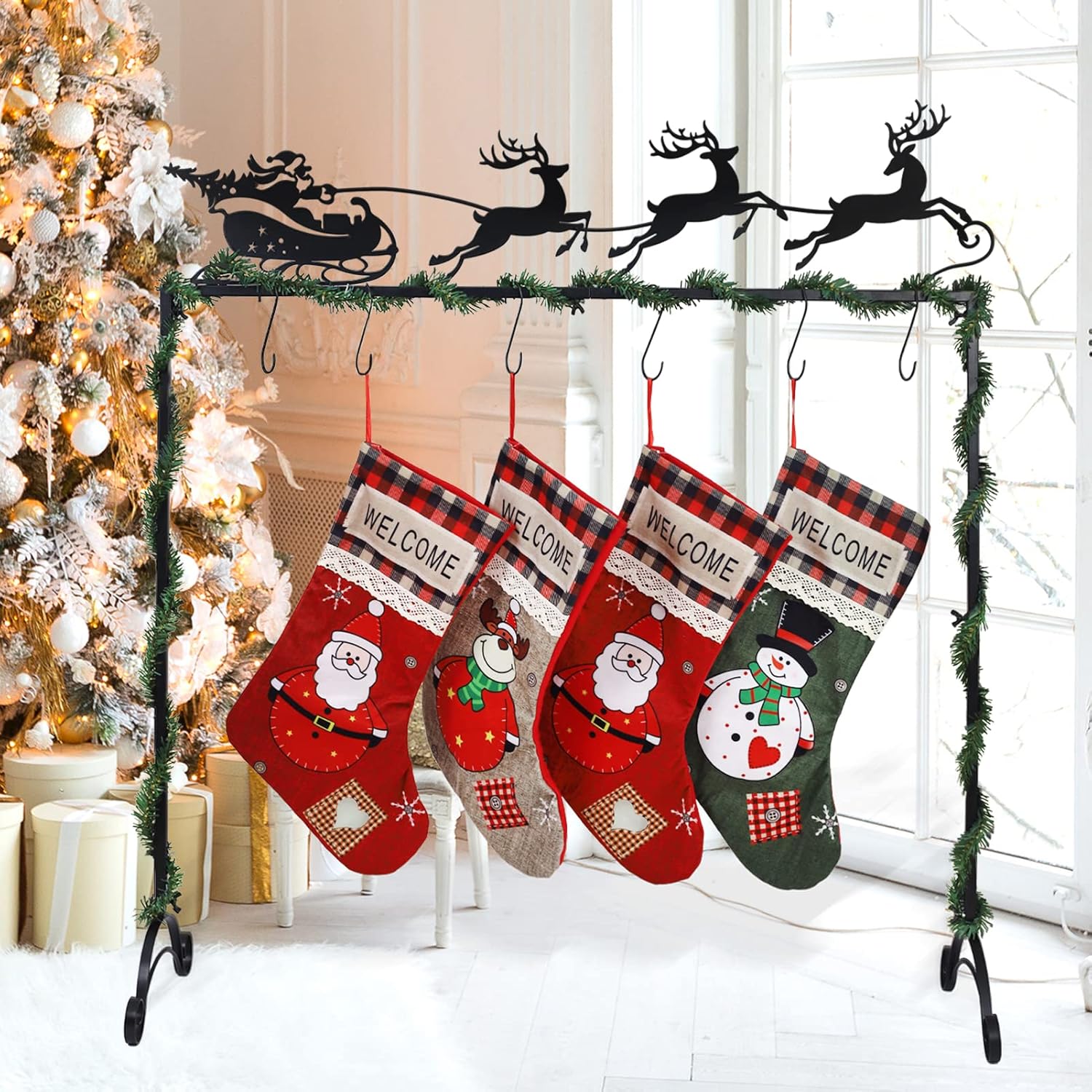 Stockings & Holders - Yhthoha Metal Christmas Elk Cart Stocking Holder Stand with 6 Hook, Christmas Stocking Holder Stand for Floor. The Stocking Stand Will Add A Brilliant Festive Feel to Your Room.…