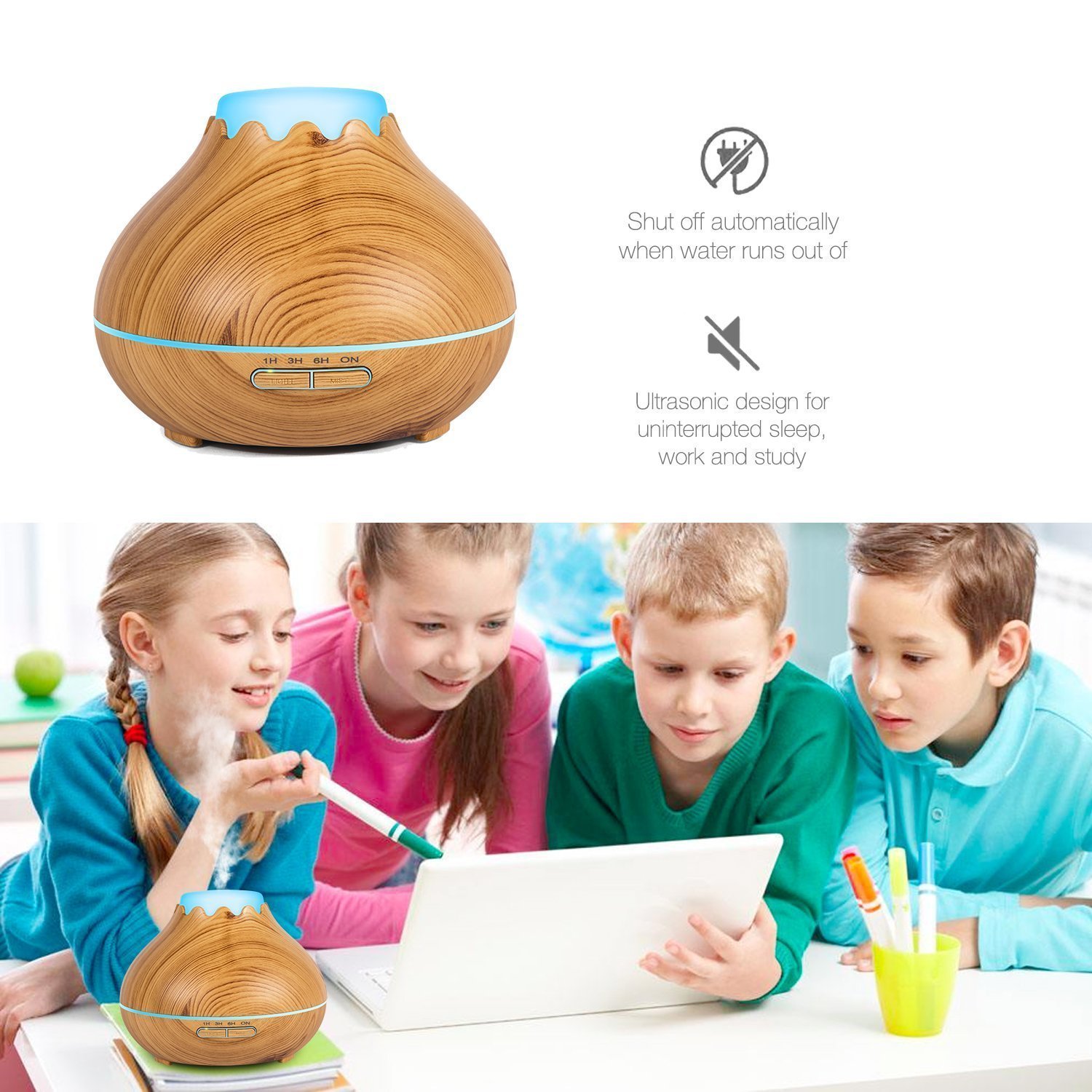 Umidificatore legno 150ml, Aroma diffusore, Wood looking umidificatore Snowberg Cool Mist Olio essenziale 7 colori LED Diffusore ad ultrasuoni per uso domestico Baby Office (aspetto del legno chiaro)