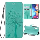 for Samsung Galaxy A10e Wallet Case with Screen Protector,Galaxy A10e PU Leather Protective Case Emboss Love Tree Cat Folio Magnetic with Card Holder Kickstand Flip Case for Samsung Galaxy A10e Green