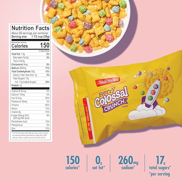 MALT-O-MEAL BERRY COLOSSAL CRUNCH CEREAL, SWEETENED CORN AND OAT BREAKFAST, FAMILY SIZE RESEALABLE 34.5 OZ BAG