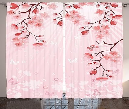 Ambesonne Asian Decor Collection Japanese Cherry Blossom Sakura Buds Springtime Travel Destinations Seasonal Image Print Living Room Bedroom Curtain