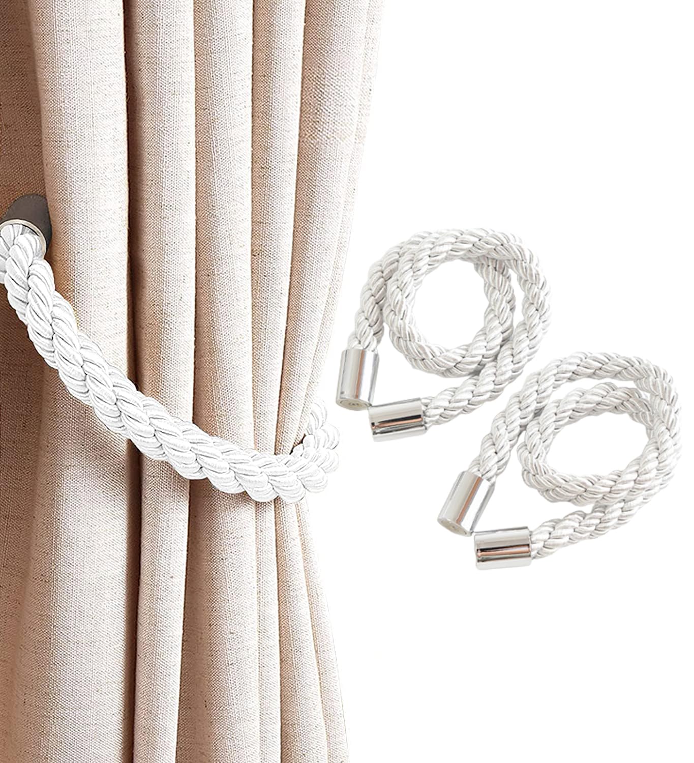 Magnetic Curtain Tiebacks,Senshuomy 2 PCS Curtain Rope Fasteners with Strong Magnets, Braided Rope Curtain Holder Decoration, Suitable for Home Office Hotel Window Deco No Install/Drill/Hook(white)