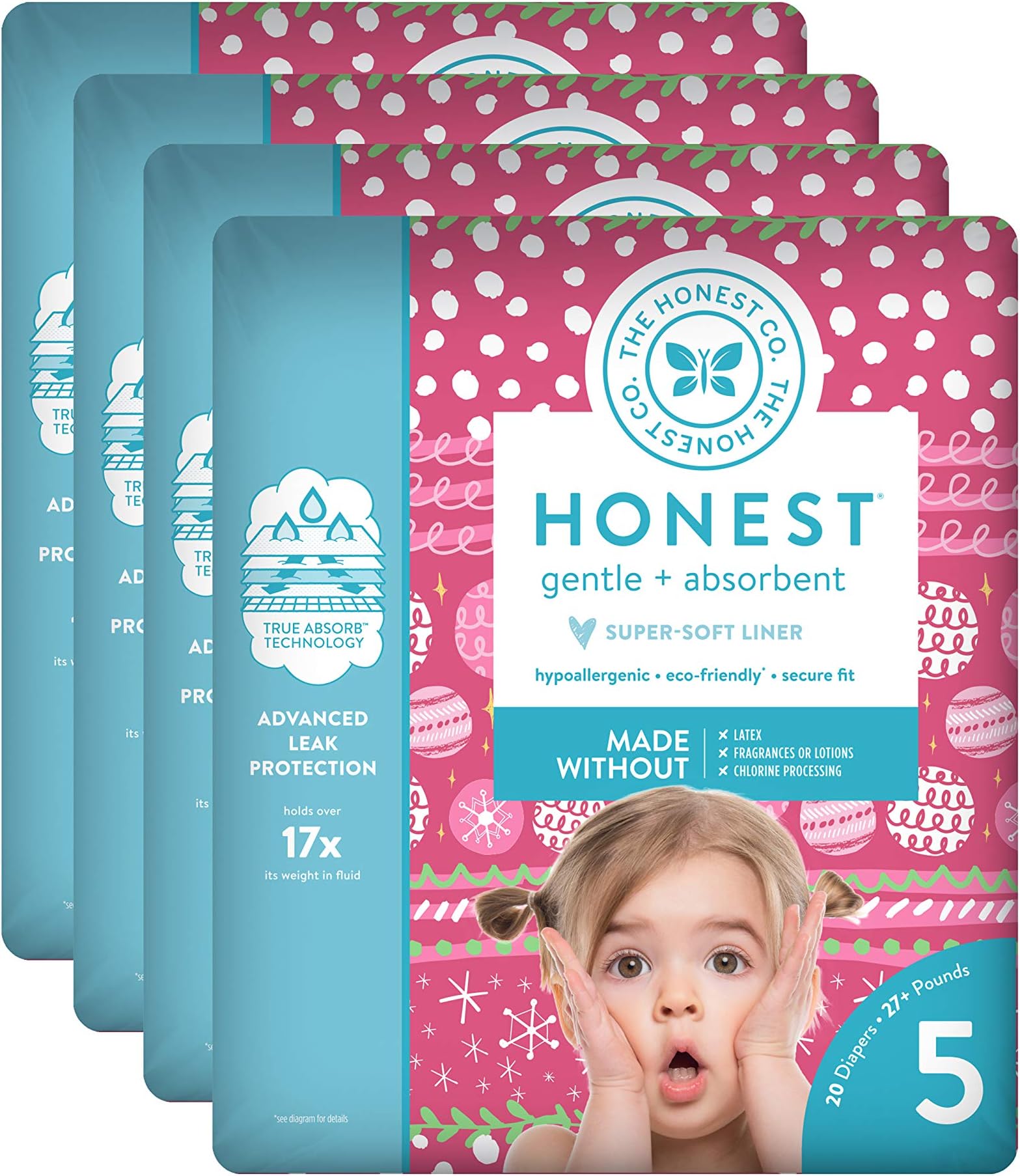 The Honest Company Baby Diapers with True Absorb Technology, Holiday Trimmings, Size 5, 80 Count