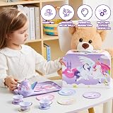 JOYIN Purple Unicorn Tea Set for Toddlers—Tin Teapot with Cups Plates Carry Case view 5