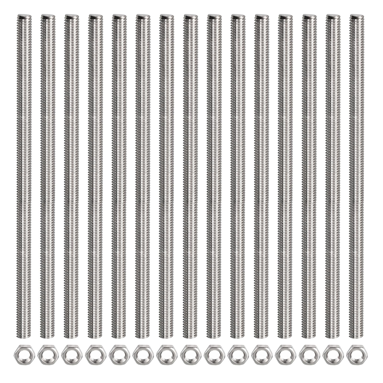 Rebower Fully Threaded Rod (with 15 Pcs Hex Nuts),Stainless Steel Fully Threads Studs[for Assembly Fastening] - M5 x 200mm,0.8mm Pitch/ Silver/ 15 Pcs