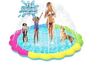 YAUNGEL Splash Pad for Dogs, 75in Non-Slip Sprinkler for Kids 0.55mm Thickened Durable and Foldable Dog Pool Inflatable Summer Outdoor Water Toys for Kids, Toddlers & Dogs, Mix Colors