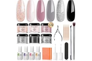 Modelones 22 Pcs Dip Powder Nail Kit, 6 Colors Nude Pink Black Champagne Glitter Dip Nails Powder Starter Kit Liquid Set with Base Top Coat Activator Brush Saver Manicure DIY Kit