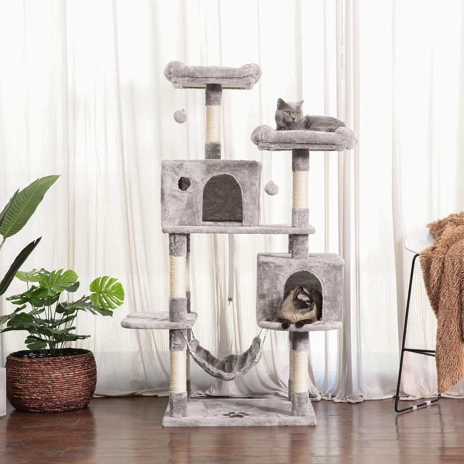 Hey-brother Large Multi-Level Cat Tree Condo Furniture with Sisal-Covered Scratching Posts, 2 Bigger Plush Condos, Perch Hammock for Kittens, Cats and Pets Light Gray MPJ020W : Pet Supplies