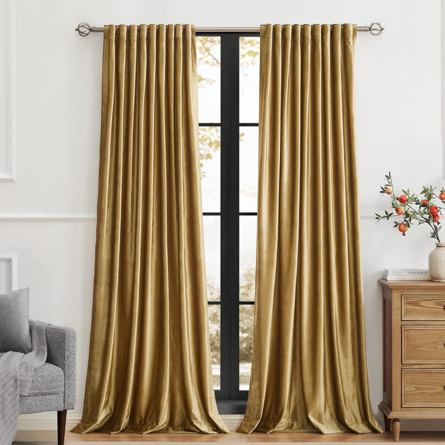 Window Treatments - PRIMROSE Golden Velvet Curtains 84 inch Long for Living Room,Set of 2 Panels Blackout Rod Pocket Back Tab Window Treatment Room Darkening Heavy Decorative Curtains Drapes for Bedroom
