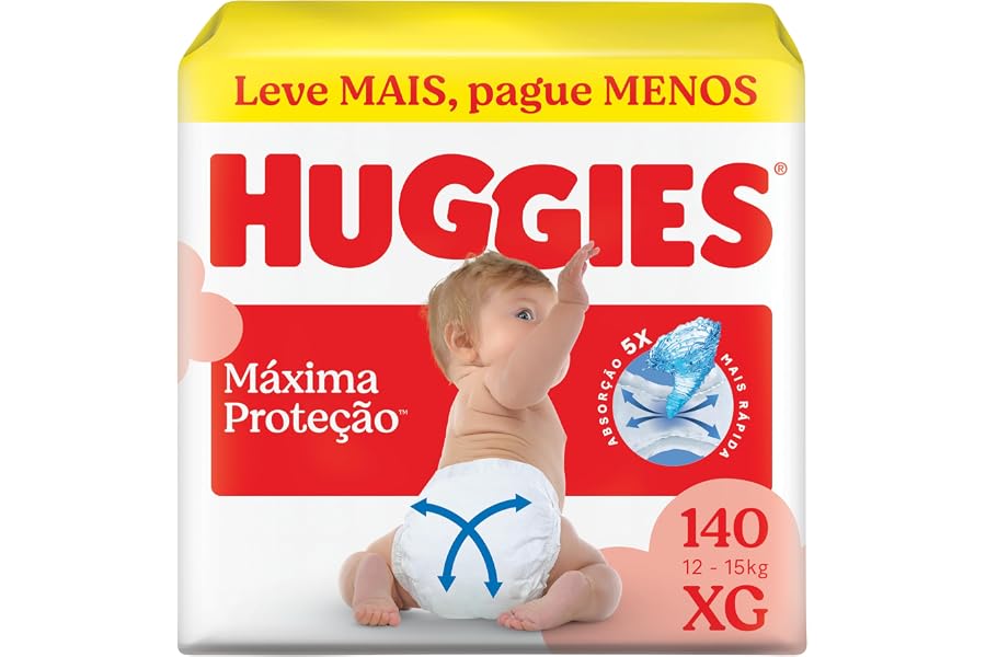 Fralda Descartável Huggies Máxima Proteção Tamanho XG 140 unidades – aberta com tecnologia Xtra-Flex, canais em X que se adap