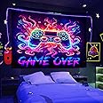 Manicer Blacklight Gaming Tapestry, Cool Neon Game Controller Wall Hanging for Boys Teens, UV Reactive Game Over Abstract Art 3D Gaming Poster Tapestries for Bedroom, Play Room - 51.2" x 59.1"
