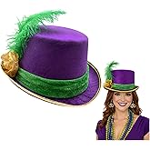 Nicky Bigs Novelties Mardi Gras Hat, Purple Top Hat, Crazy Hats For Adults, Mardi Gras Costume For Men Women With Feathers