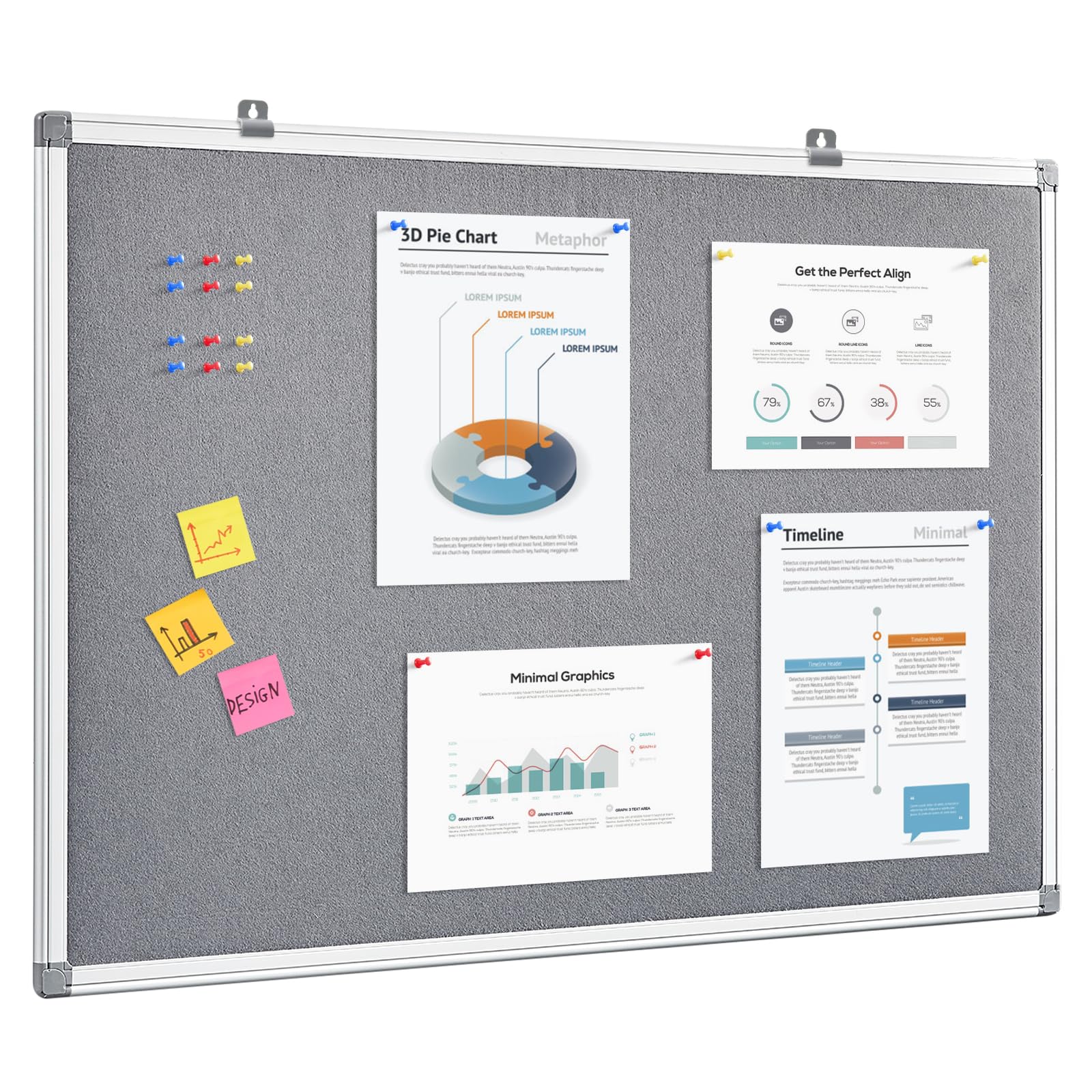 MAKELLO Felt Notice Board, Large Pin Board for Office Home School Bedroom Kitchen,Wall Mount, Aluminum Frame, Grey, 90x60cm