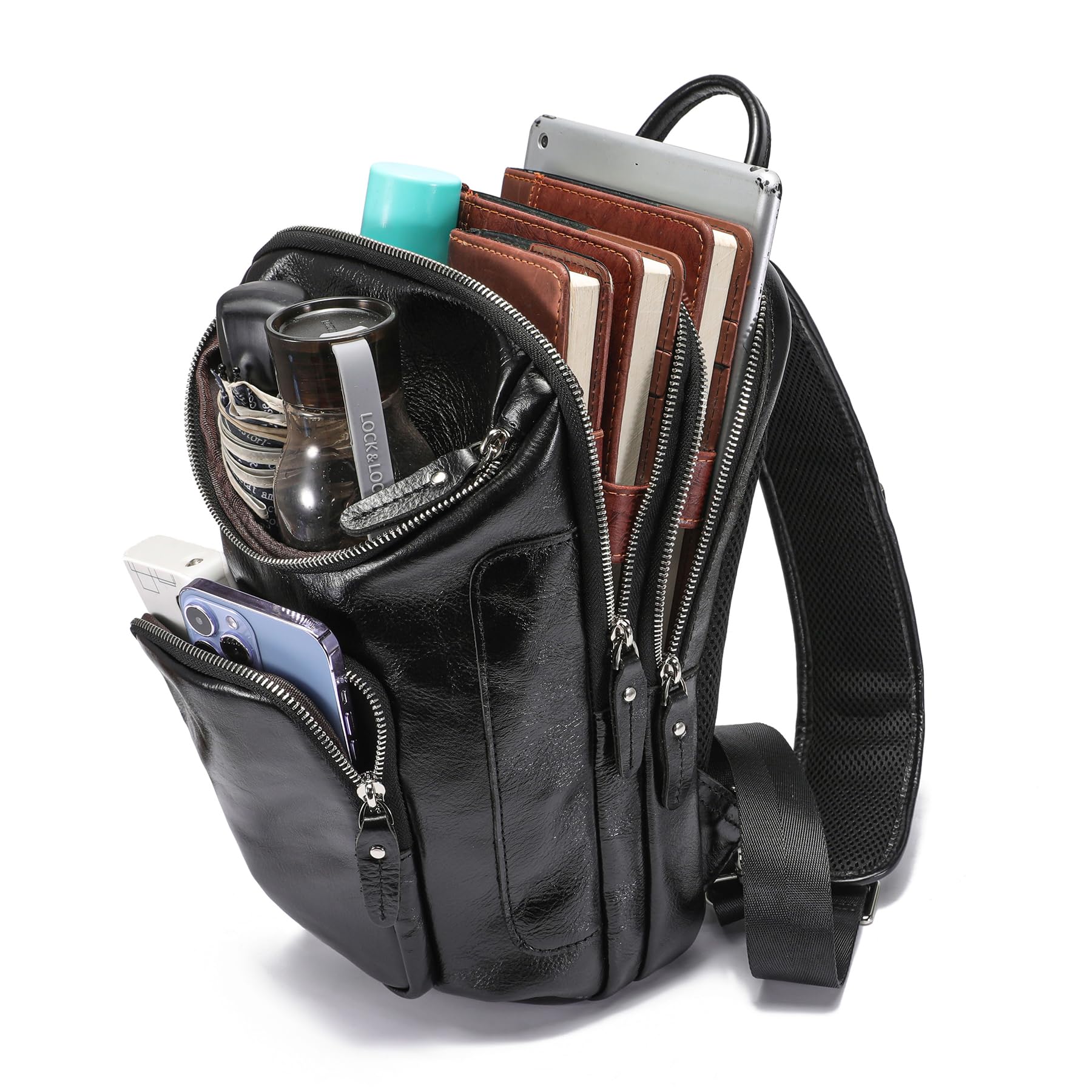 LANNSYNE Vintage Full Grain Leather Sling Bag Crossbody Chest Daypack